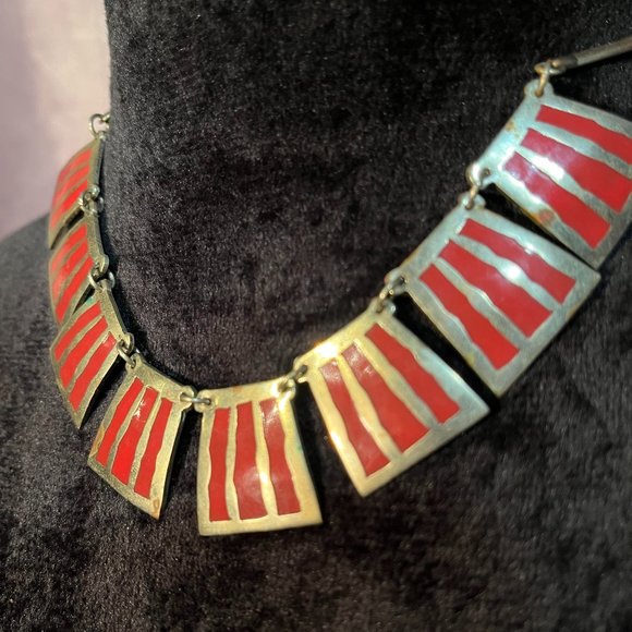 Silver - Burnt Orange Choker Necklace And Earrings Set - Picture 3 of 4